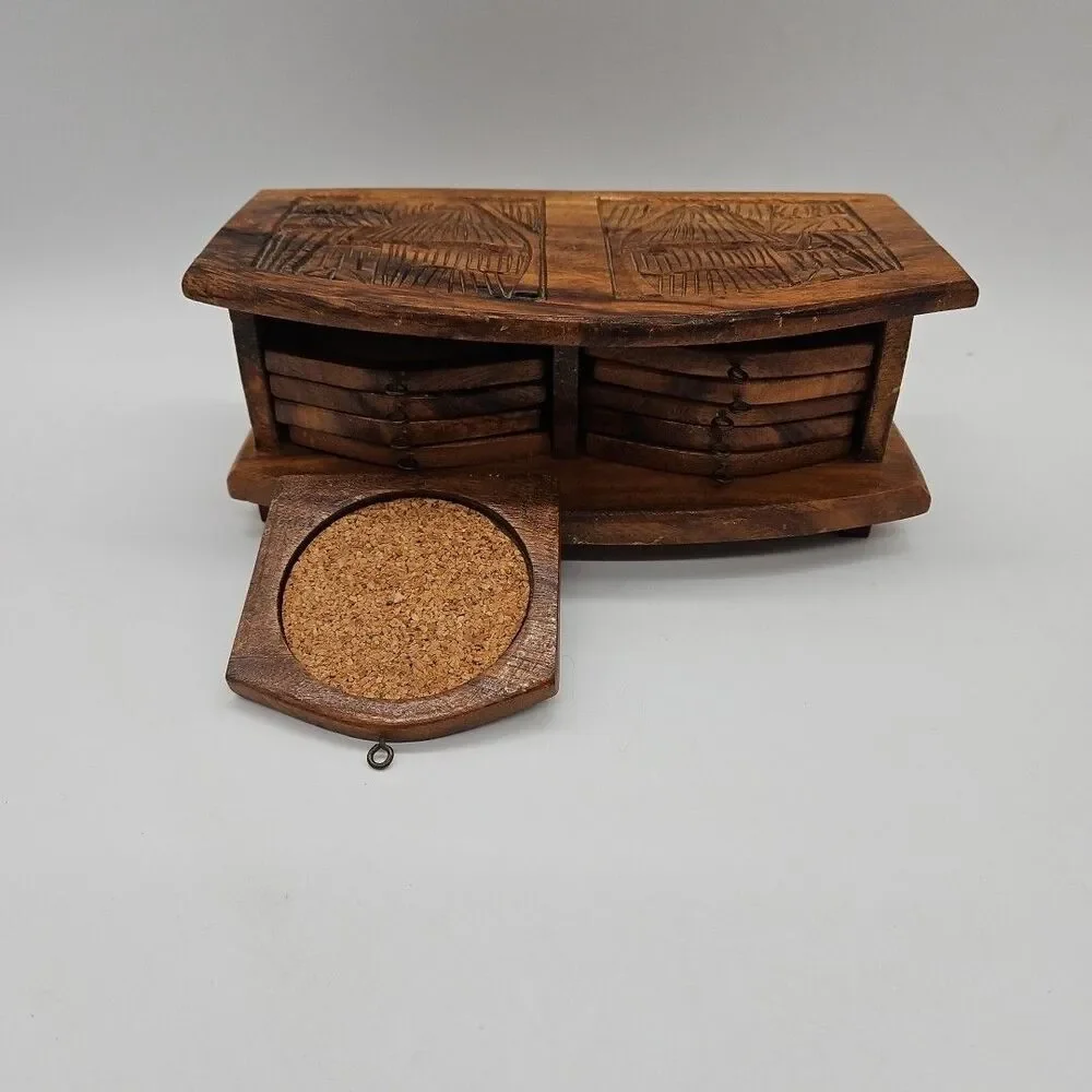 Vintage Handcarved Wooden Coaster Set of 10 Coasters In Box- Thailand